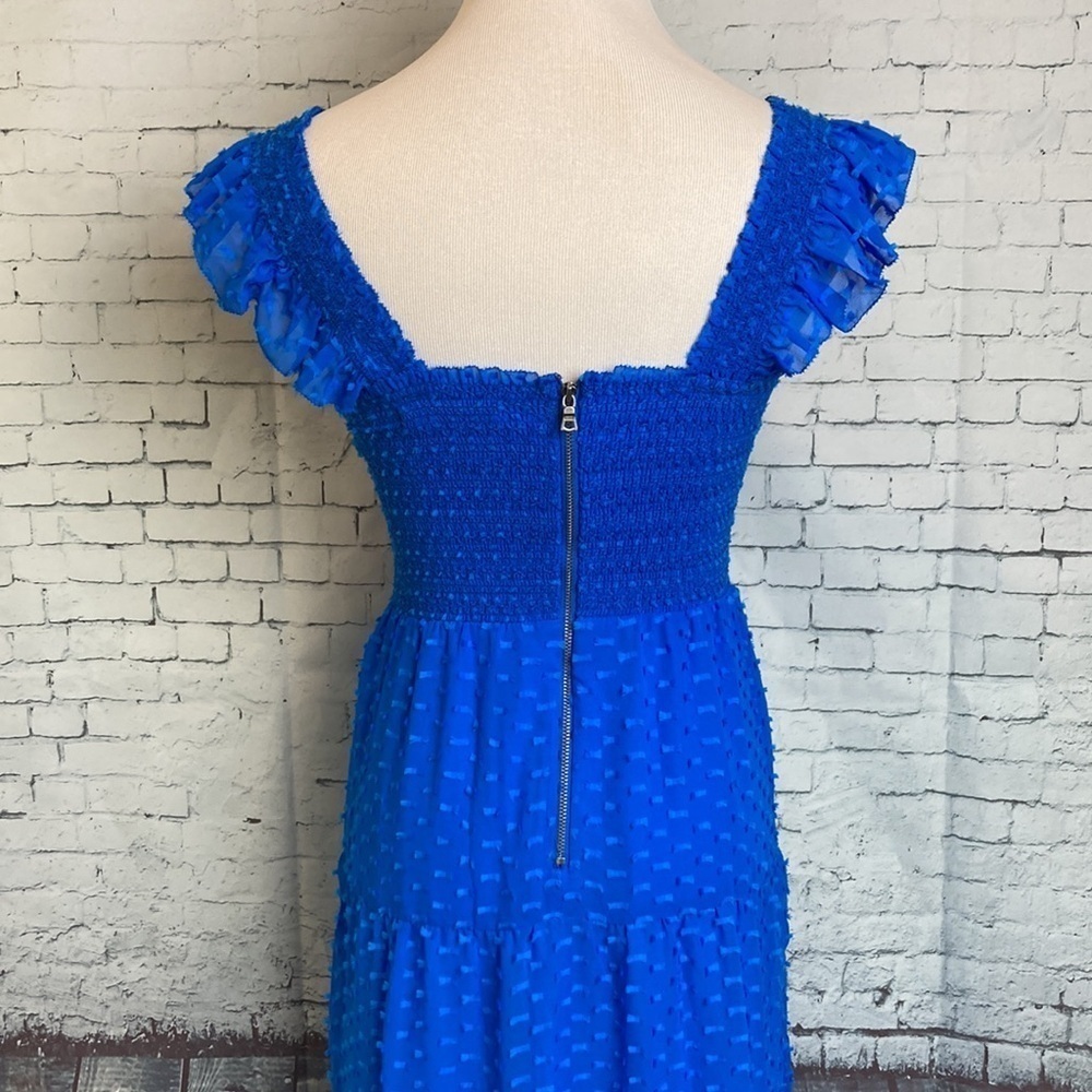 Alice+Olivia KIZZIE SMOCKED FLUTTER SLEEVE TIERED MAXI DRESS SZ 2 Blue Feminine - Picture 13 of 16
